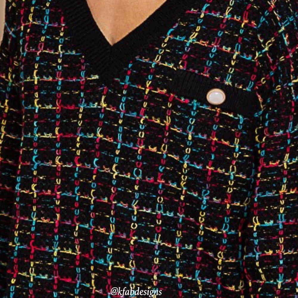 POL! LAST! Stunning On Trend Black w/Multicolor Tweed Front/Back V Neck Sweater - Picture 7 of 7